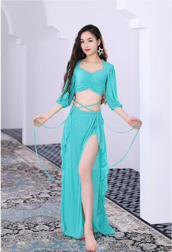 Miniatura 2 de Disfraces de danza del vientre para mujer, camiseta corta y falda de baile con abertura, carnaval, Halloween, trajes de danza del vientre, tallas S-L
