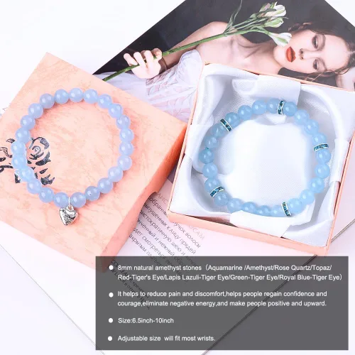 Miniatura 3 de 2 pulseras de cuentas naturales para mujer, gemas semipreciosas, pulseras de cristal curativo de 0.315 in con tarjetas, pulsera elástica ajustable