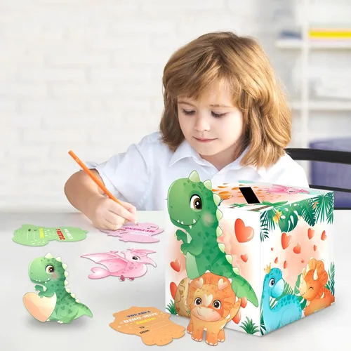 Miniatura 5 de algtpy - Caja de San Valentín con 36 tarjetas de dinosaurio de San Valentín para aula, escuela, buzón de San Valentín para intercambio, tarjetas