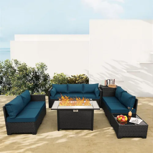 Miniatura 9 de Rattaner Juego de muebles de patio de 6 piezas, mesa de fuego para exteriores, fogata de gas de 45 pulgadas con caja de almacenamiento al aire Gris