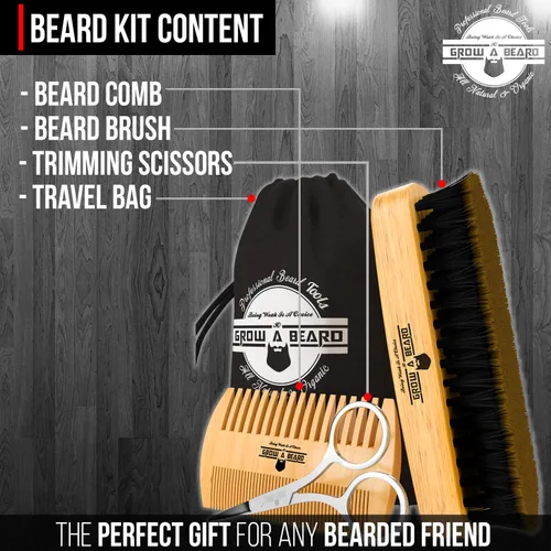 Miniatura 5 de Cepillo para barba para hombres, peine para barba y bigote con tijeras, kit de aseo para barba, cepillo de cerdas de jabalí 100% naturales, peine