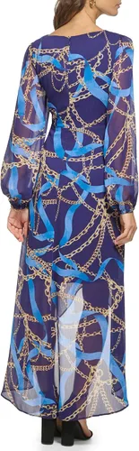 Miniatura 3 de GUESS Vestido largo de gasa con estampado de bufanda de manga larga para mujer