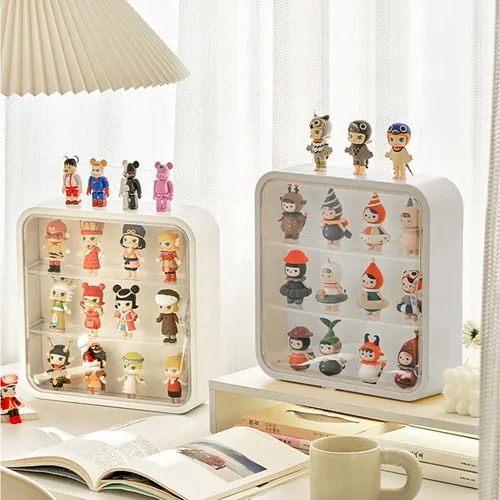 Miniatura 9 de Vitrina en miniatura para figuras coleccionables, caja transparente con estantes, organizador de plástico montado en la pared o en el escritorio