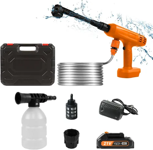 Lavadora a presión inalámbrica, lavadora de energía portátil de 1200 PSI con batería de 4Ah y cargador, boquilla 6 en 1, manguera de 5 metros,