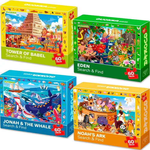 QUOKKA Rompecabezas de 60 piezas para niños de 5 a 8 años – Juego de 4 rompecabezas de la Biblia para niños de 4 a 6 a 10 años – Torre de Babel –