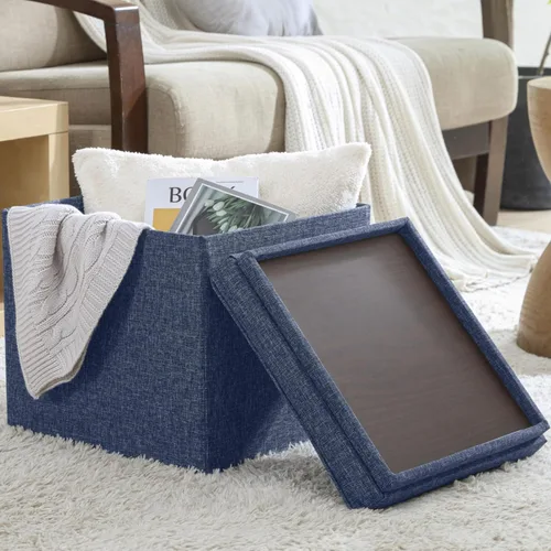 Miniatura 8 de Ornavo Home Taburete otomano de almacenamiento cuadrado de lino plegable con cubo, reposapiés/asiento con tapa de mesa, mesa de café otomana - 15 x