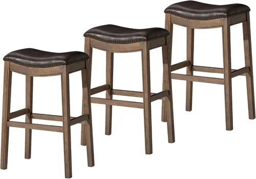 Miniatura 19 de Maven Lane Adrien Taburete de bar sin espalda, asiento de silla de montar de 31 pulgadas con reposapiés, marco de madera maciza gris y tapicería