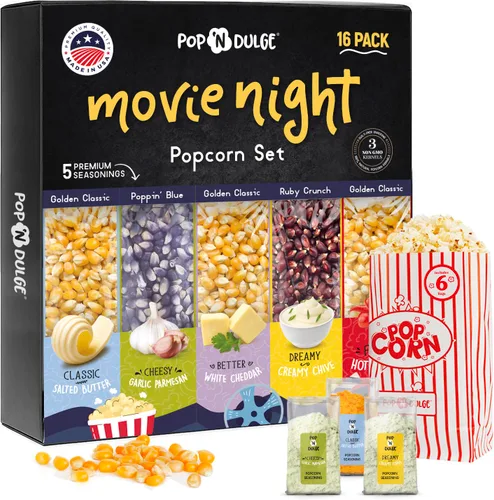 Pop n' Dulge Palomitas de maíz para noche de cine, set de regalo de 16 piezas, 5 paquetes de palomitas gourmet sin OMG, 5 paquetes de variedad de