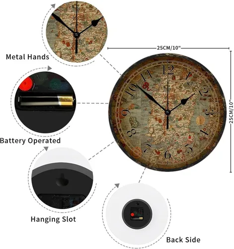 Miniatura 2 de Reloj de pared de madera de 10 pulgadas, silencioso, fácil de leer, estilo vintage, mapa del viejo mundo, reloj redondo de madera, estilo rural