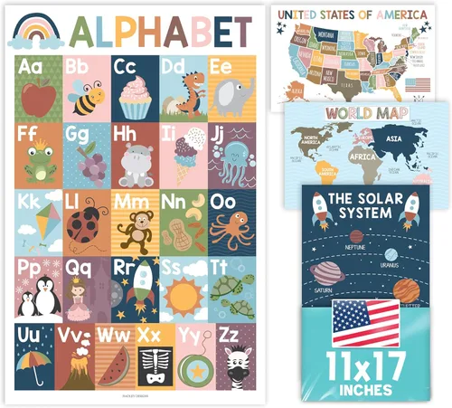 Hadley Designs 4 carteles del alfabeto, mapa de Estados Unidos, mapa del mundo y sistema solar, gráficos ABC laminados para decoración de pared de