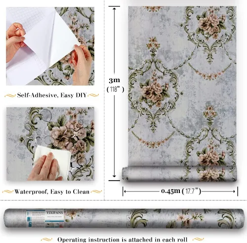 Miniatura 4 de Papel tapiz de damasco para despegar y pegar, extraíble, autoadhesivo, papel de contacto, revestimiento de pared, rollo decorativo de 17.71 x 118
