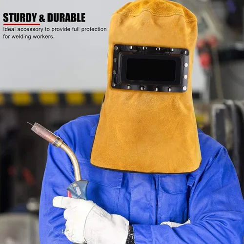 Miniatura 5 de Casco de soldadura de cuero de vaca dividido, con lente abatible, casco ajustable, capucha de soldadura de cuero de grano dividido resistente al
