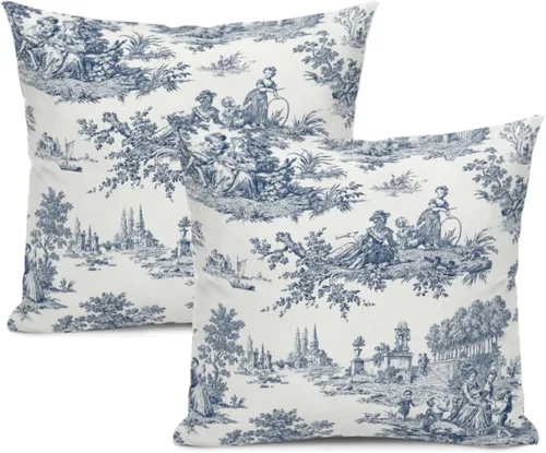 Miniatura 10 de Blue Toile - Juego de 2 fundas de almohada estilo rústico francés, fundas de almohada vintage de 18 x 18 pulgadas, para sofá, sala de estar