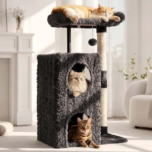 FUKUMARU Árbol para gatos, torre de lujo para gatos de 36.2 pulgadas con dos cuevas, condominio para gatos de varios niveles con poste rascador de