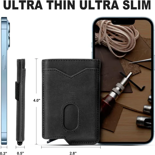 Miniatura 6 de GSOIAX Cartera delgada para hombre, piel auténtica, piel vacuna minimalista con bloqueo RFID y caja de regalo, Negro -, Slim