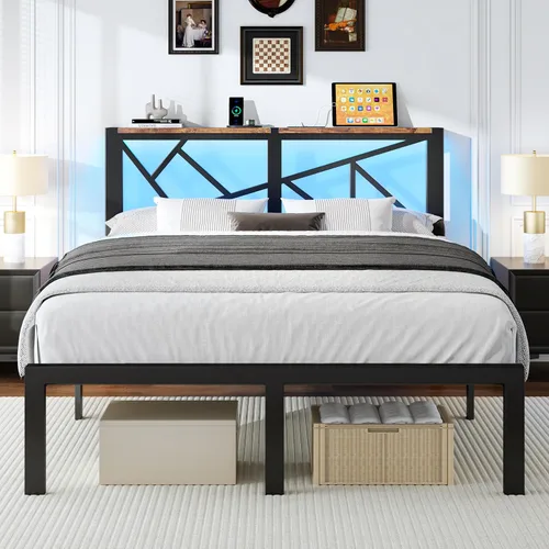 Miniatura 11 de ChicZhiNest Armazón de cama de metal negro tamaño twin con estación de carga USB, iluminación ambiental LED y cabecera de almacenamiento de madera