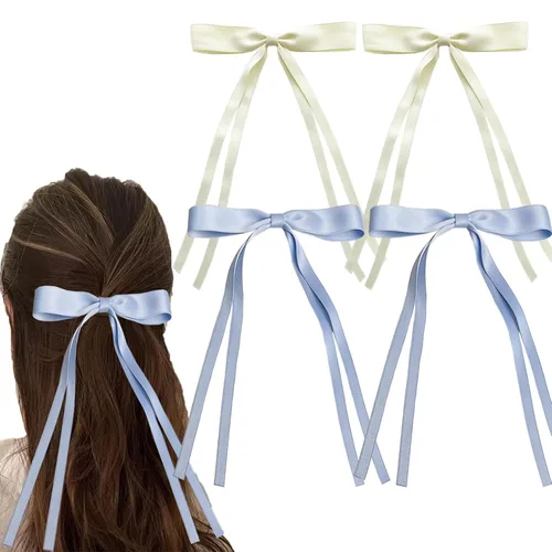 Miniatura 2 de Pinzas para el pelo con borla y cola larga, lazos de satén grandes para mujeres y niñas (azul+beige)