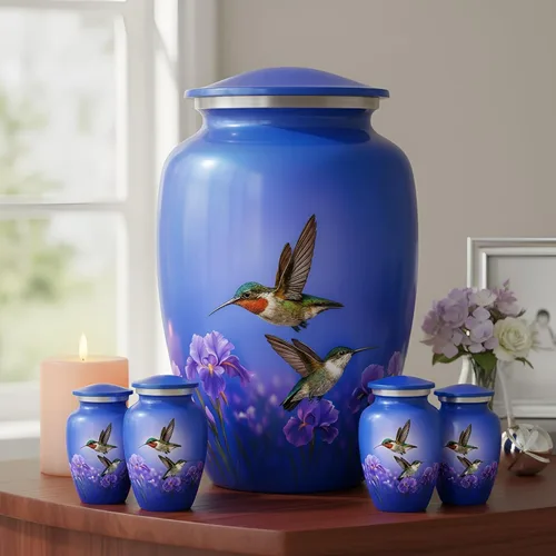 Juego de 6 urnas funerarias decorativas de colibrí para cenizas de adultos hombres y mujeres, incluye 1 urna grande con 4 urnas conmemorativas