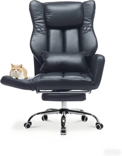 Miniatura 8 de Silla de oficina ejecutiva de respaldo alto con reposapiés, piel sintética reclinable, soporte lumbar, estilo entrecruzado, reclinación de 155° Beige