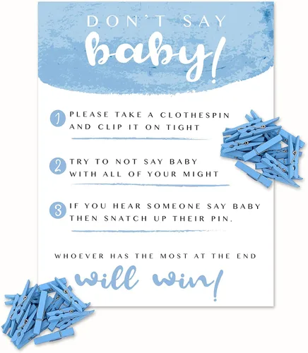 Shower Games & Co. Juego de Don't Say Baby para niño con pinzas de madera natural para baby shower, juego de pines y lindo letrero de 5 x 7