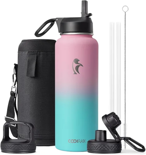 Miniatura 15 de Coolflask Botella de agua de 20 onzas aislada con pajilla, 3 tapas de metal de acero inoxidable, botella de agua de boca ancha para deportes u