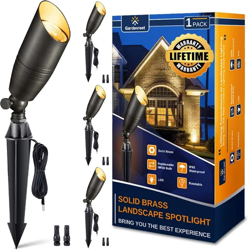 Miniatura 13 de Gardenreet Focos de paisaje de bajo voltaje - Luz superior LED de latón 12V para exterior, luces focales cableadas IP65 impermeables, enfoque