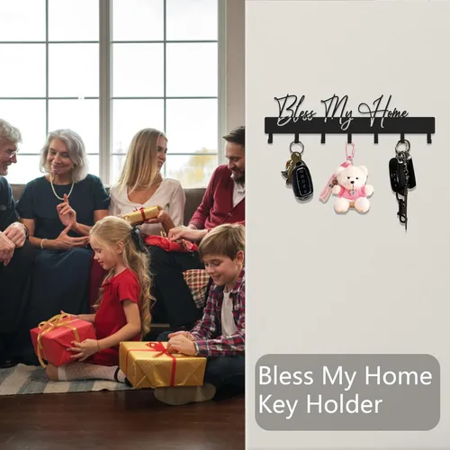 Miniatura 2 de Exquisito soporte de pared con frase de moda, ganchos para llaves Bless My Home para decoración de pared, colgador de llaves de metal negro con 7