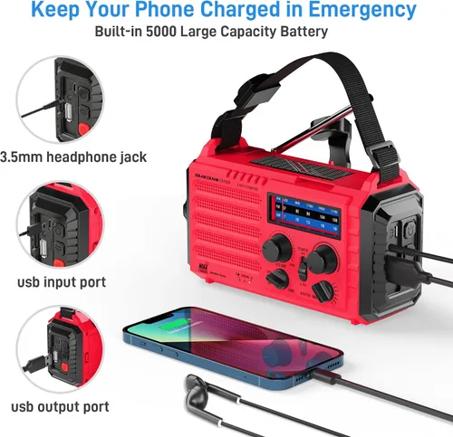 Miniatura 5 de Radio meteorológica de emergencia, manivela solar, funciona con pilas, radio de onda corta AM FM portátil con alerta NOAA, linterna, lámpara de Rojo