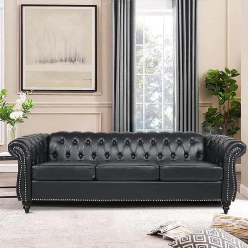 Miniatura 18 de LEVNARY Sillón tapizado de cuero, moderno sofá individual de mediados de siglo con brazos enrollados y cabeza de clavo, silla Chesterfield de piel