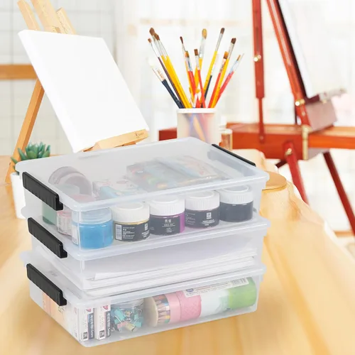Miniatura 4 de Paquete de 4 contenedores planos de plástico con tapas, caja de almacenamiento transparente apilable de 6 cuartos de galón