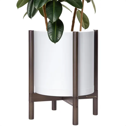 Miniatura 29 de Maceta de D'vine Dev con soporte - Maceta de flores de cilindro de plástico de 8.0 pulgadas con soporte de madera para interiores, maceta mate negra