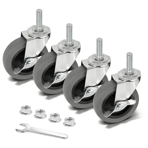 Miniatura 9 de AAGUT Ruedas giratorias, 3 pulgadas, goma resistente, 3/8 pulgadas, 16 x 1-1/2, vástago roscado, ruedas industriales, frenos de bloqueo, rueda