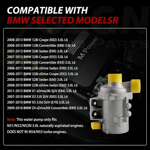 Miniatura 2 de Bomba de agua de motor eléctrico compatible con BMW 328i/328i xDrive 528i/528i xDrive 128i X3 X5 X1 Z4 2007-2016 N51/N52/N52N 3.0L aspirado