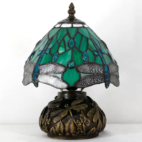 Miniatura 2 de Lámpara de mesa pequeña Tiffany W8H11 pulgadas Tiffany verde libélula estilo de la lámpara de vidrieras de bronce tipo hongo base de resina mini