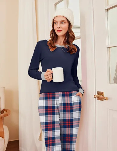 Miniatura 267 de Ekouaer Conjunto de pijama de manga larga para mujer, ropa de dormir suave con cuello redondo y bolsillos