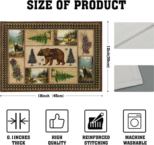 Miniatura 4 de Manteles individuales rústicos con diseño de oso y ciervo, 4 piezas, manteles individuales vintage de cabaña con piñas y cuadros, resistentes al