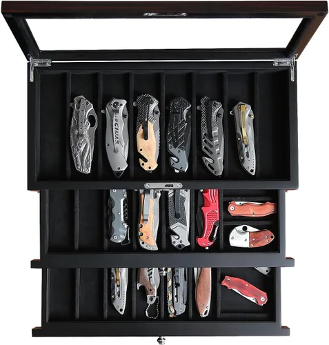 Estuche Expositor de Cuchillo de Bolsillo para Hombre, Soporte de Colección de Cuchillos Plegables de 22-26 Pulgadas con Acabado Ébano, Organizador