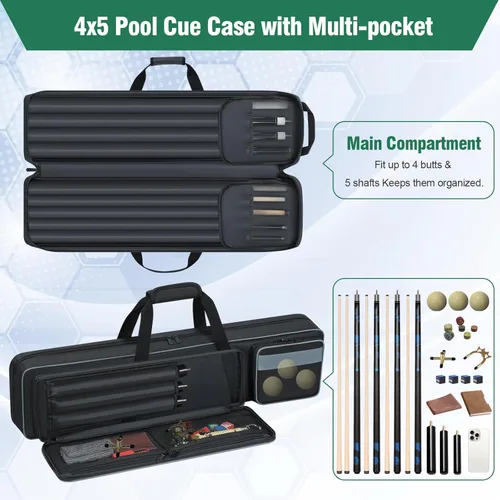 Miniatura 3 de Estuche para Taco de Billar 4x5, Funda de Transporte para Taco de Billar Suave Acolchada Bolsa para Palos de Billar con Múltiples Bolsillos para 4