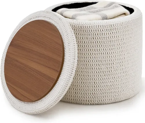 Miniatura 12 de Wimarsbon Puf otomano, taburete bohemio de punto 100% algodón, reposapiés redondo con patas de madera antideslizantes, decoración del hogar, puf