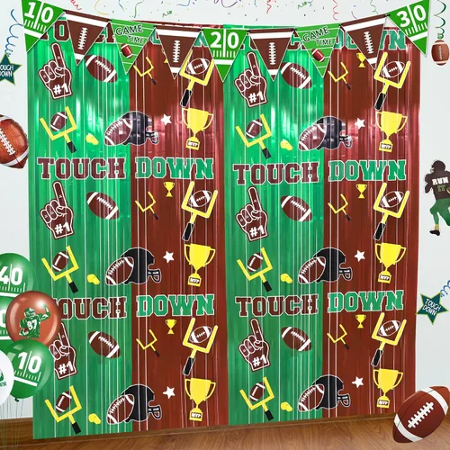 Cortinas de flecos de aluminio para decoración de fiesta de fútbol, paquete de 2 telones de fondo de oropel de 3.3 x 6.6 pies, color verde y marrón