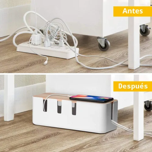 Miniatura 5 de Caja de organización de cables, 12 x 5 x 4.5 pulgadas, tapa de madera, organizador de cables para escritorio, TV, computadora, sistema