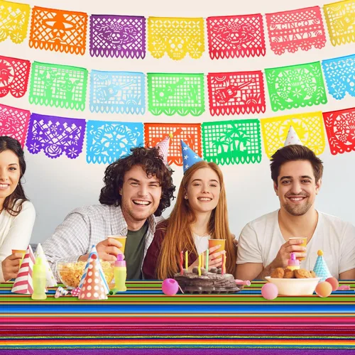 Miniatura 7 de Preboun Mantel de plástico mexicano y pancarta de papel picado mexicano, suministros de decoración de fiesta, mantel para mesas rectangulares, Fresco