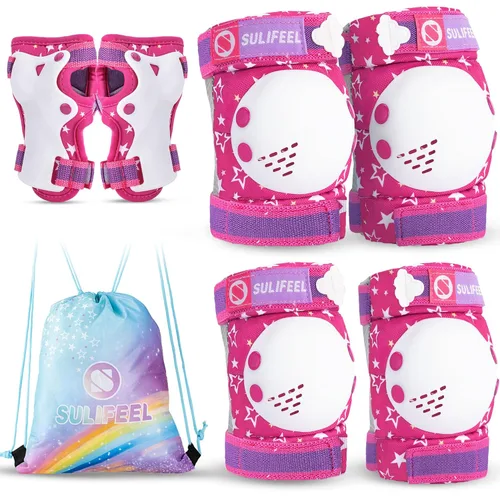 Miniatura 13 de SULIFEEL - Rodilleras de arcoíris y unicornio para niños, coderas, muñequeras con bolsa de cordón, juego de equipo de protección ajustable