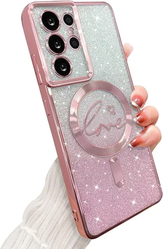 Miniatura 128 de ZONRW - Funda para Samsung Galaxy S22 Ultra magnética, para mujeres y niñas, cubierta trasera suave, lujosa, con corazón de amor, bling, degradado