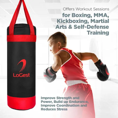 Miniatura 3 de LoGest Juego de saco de boxeo para niños, adecuado para sacos de boxeo para niños de 3 a 8 años de edad, guantes de boxeo y vendas de mano Rojo