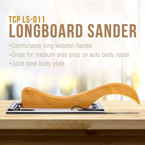 Miniatura 2 de TCP Global Lijadora Longboard con mango de madera de 10.75 pulgadas de largo, lijadora de bloque, bloques de lijado de carrocería automática, bloque
