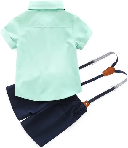 Miniatura 2 de Juego de 2 piezas de ropa de bebé de algodón para caballero, camisa de manga corta + corbatín + tirantes cortos