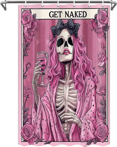 Miniatura 13 de Divertida cortina de ducha de esqueleto de calavera rosa, para Halloween, gótica, rosa, rojo, rosa, floral, vino tinto, terror, terror, cortina