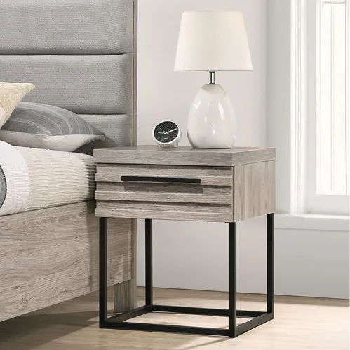 Roundhill Furniture Alvear Mesita de noche contemporánea de madera con base de metal, gris desgastado