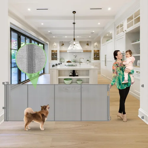 Miniatura 15 de Puerta retráctil reforzada de 96 pulgadas de ancho con varillas de apoyo, puerta retráctil extra larga para perros, puertas exteriores para Negro